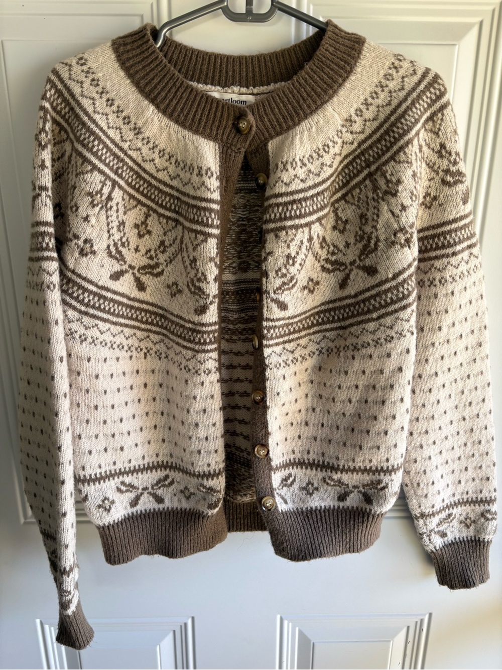Heartloom Cream & Brown Fair Isle Crewneck Cardigan